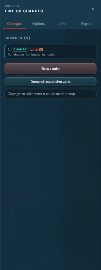A PaxCast project holding a change to route 88, with the ways to add a new route, a demand responsive zone or a withdrawal.