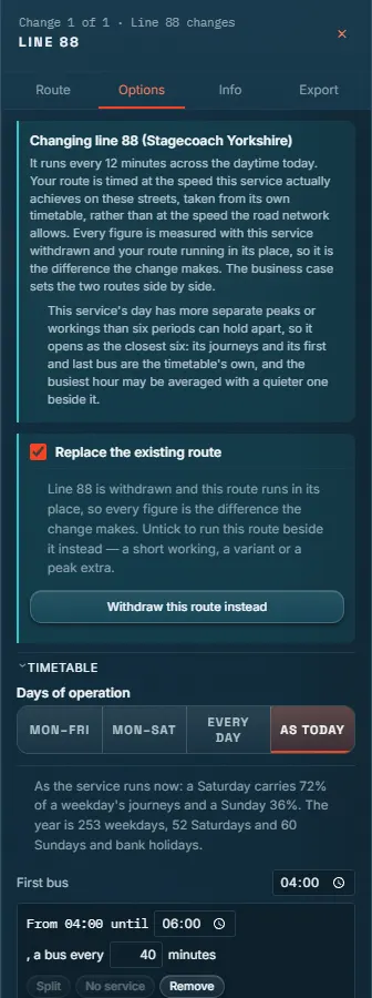 The Editor's Options tab: replacing the existing service, and the timetable by days of operation.